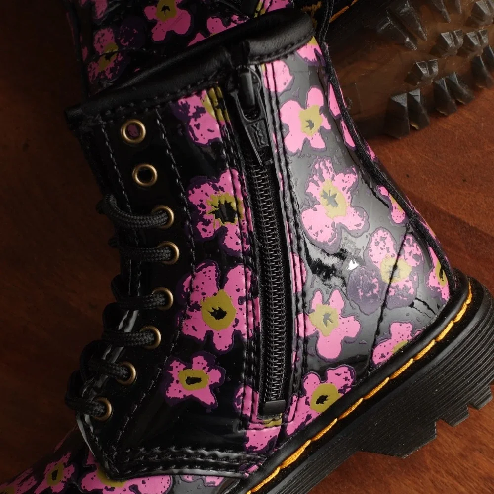 Dr. Martens Boots Toddler SZ 7 BLK Floral 1460 Patent Leather Combat Ankle Moto